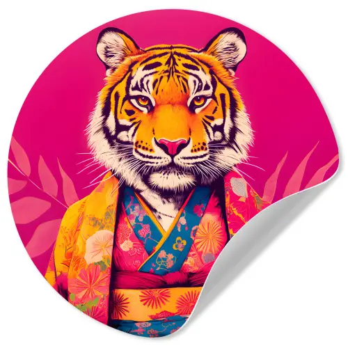 Tijger - Kimono - Planten - Roze Wandcirkel behangsticker klein -3d