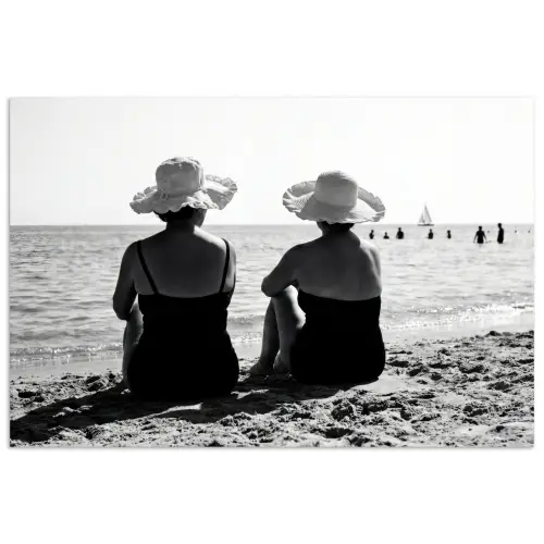 Vrouwen - Zonnehoed - Strand - Zwart - Wit poster papier klein -3d