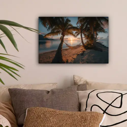 Palmbomen - Hangmat - Strand - Zonsondergang canvas 2cm klein -sfeer1