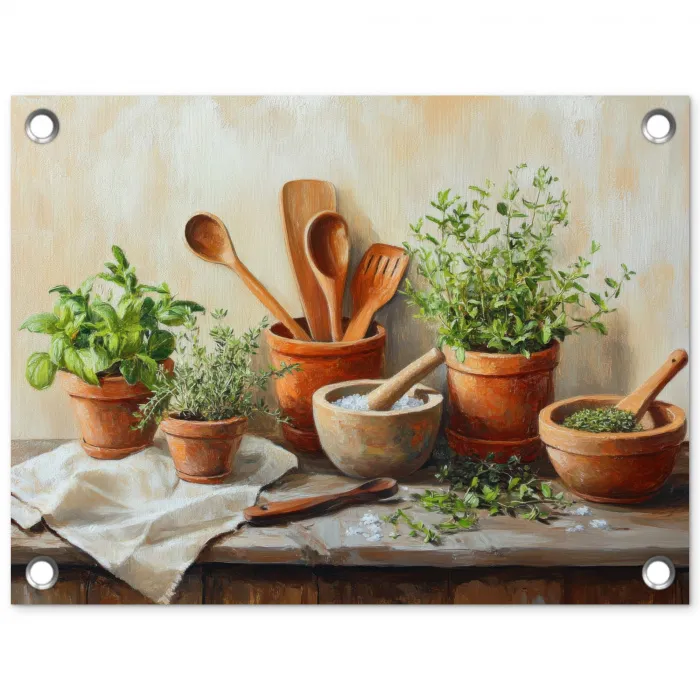 Potten - Kruiden - Hout tuinposter los doek klein -3d