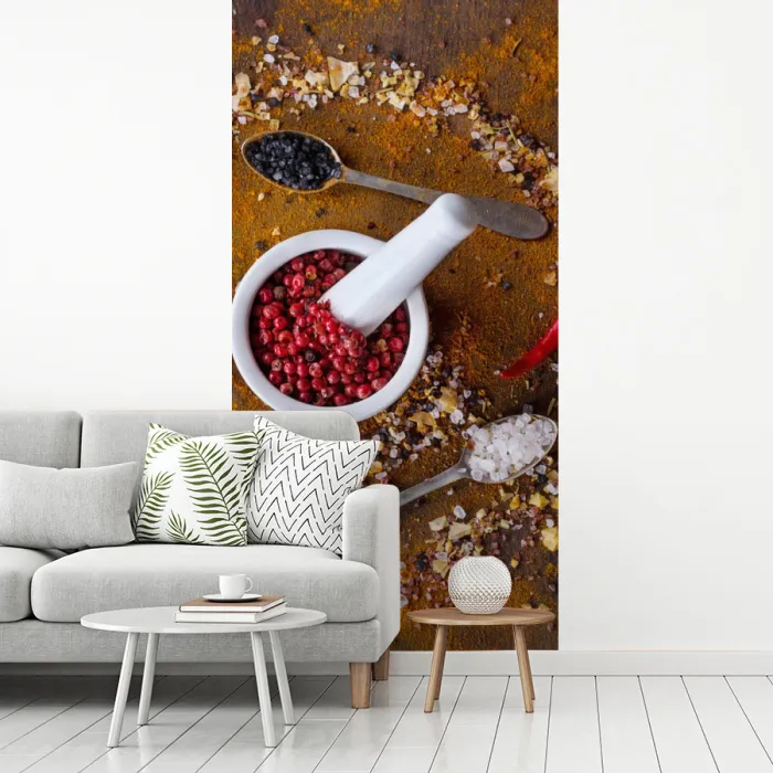 Vijzel - Kruiden - Lepels - Specerijen - Bruin - Peper fotobehang vinyl groot -woonkamer