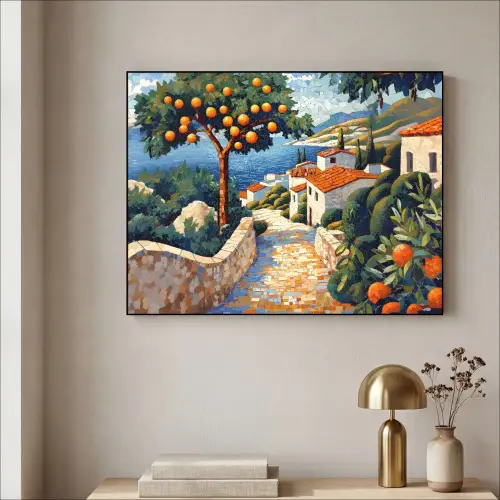 Huizen - Mozaïek - Sinaasappelbomen - Zee Textielframe zwart klein -sfeer2