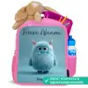 Blauw pluizig monster met hoorns Kinderrugzak - Roze middel -inhoud_NL