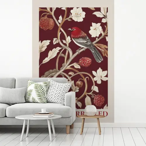 Vogel - Bordeaux - Bloemen - Bessen fotobehang vinyl groot -woonkamer