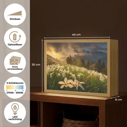 Bloemenveld - Heuvels - Zonsondergang - Berg - Natuur - Wit - Heuvels Light Box met batterij (Wandlamp) middel -USP_websiteoverzichtNL