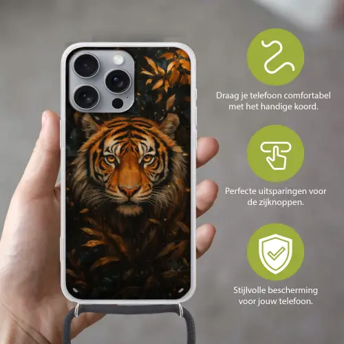 Bladeren - Tijger - Oranje Hoesje iPhone 16 Pro Max met koord klein -sfeer2_NL