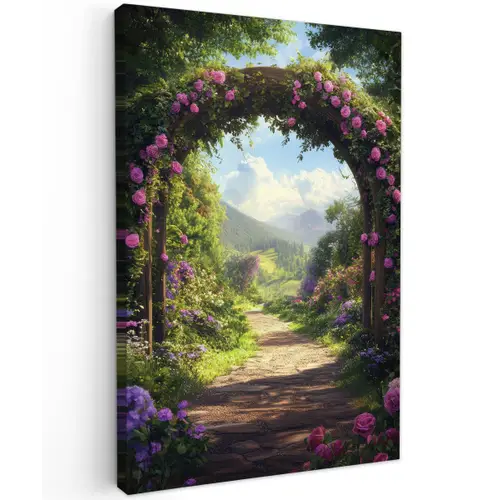 Doorkijk - Rozenboog - Uitzicht - Landschap - Bloemen Tuinposter op houten frame 2 cm dik klein -3d