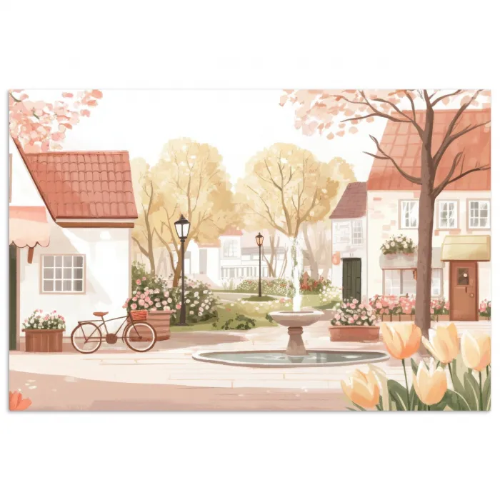 Dorpsplein - Fontein - Tulpen poster papier klein -3d