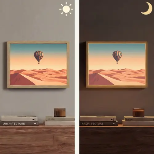 Luchtballon - Woestijn - Zonsondergang - Blauw Light Box met batterij (Wandlamp) middel -sfeer3
