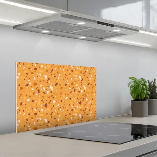 Terrazzo -  Patroon - Okergeel keuken achterwand spatscherm klein 900 -3d_schuin