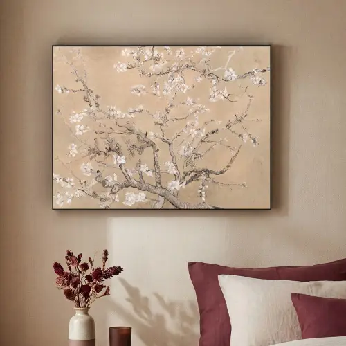 Amandelbloesem - Kunst - Van Gogh - Beige Textielframe - compleet frame klein -sfeer1