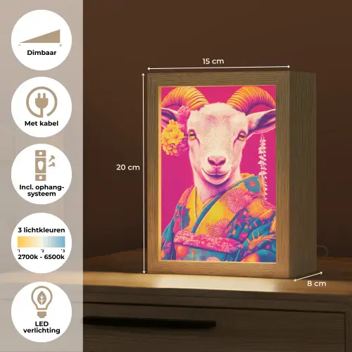 Geit - Hoorns - Kimono - Kleurrijk Light Box met kabel (Tafellamp) klein -USP_NL