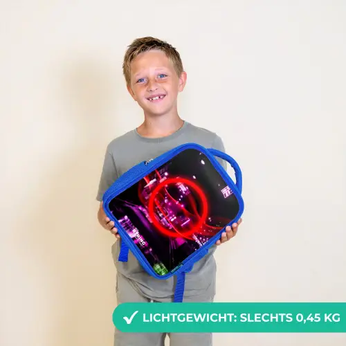 Felrode cirkel boven een neonverlichte stad Kinderrugzak - Blauw middel -sfeer1_NL