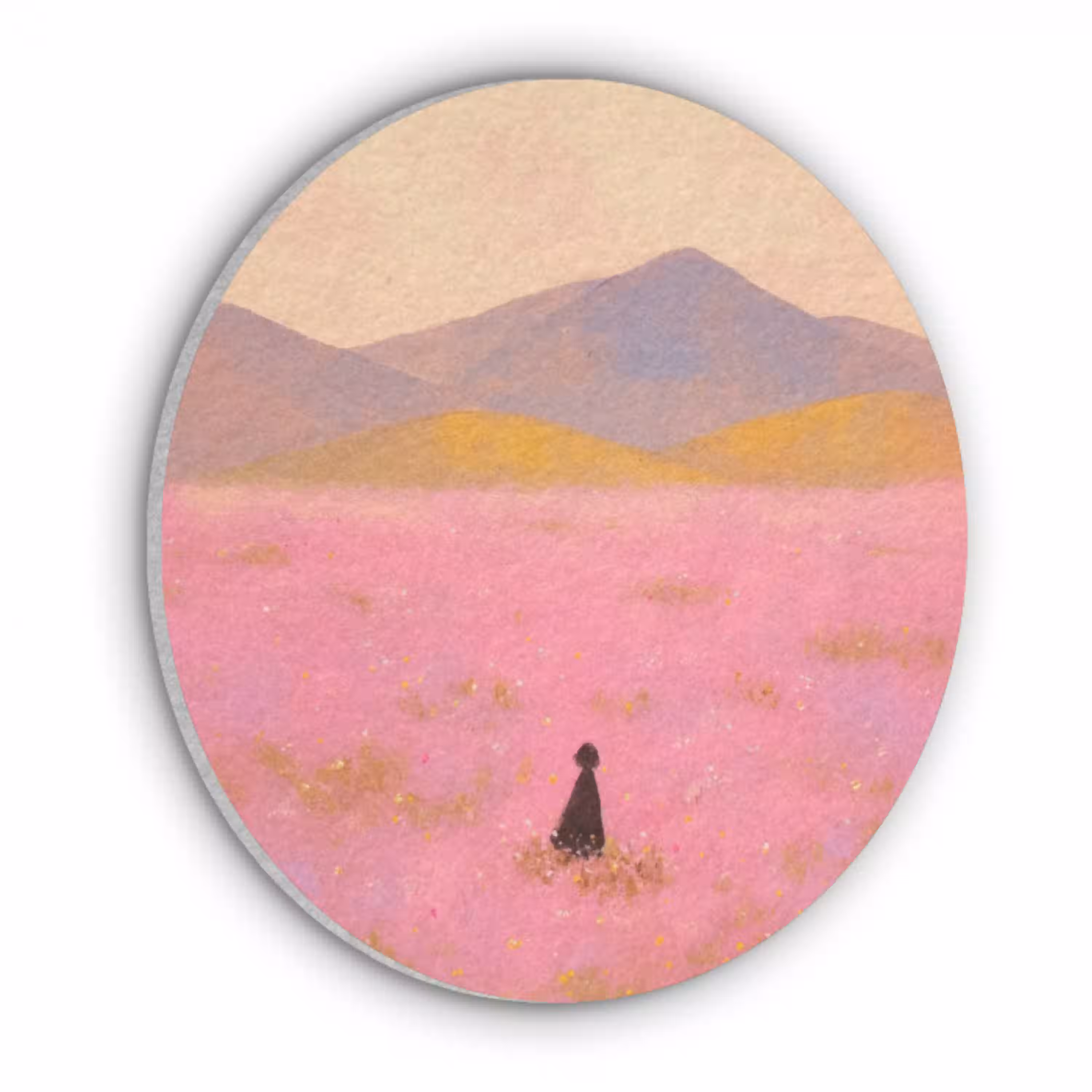 Bloemenweide - Heuvels - Silhouet - Roze Akoestische PET Vilt - Rond klein -3d