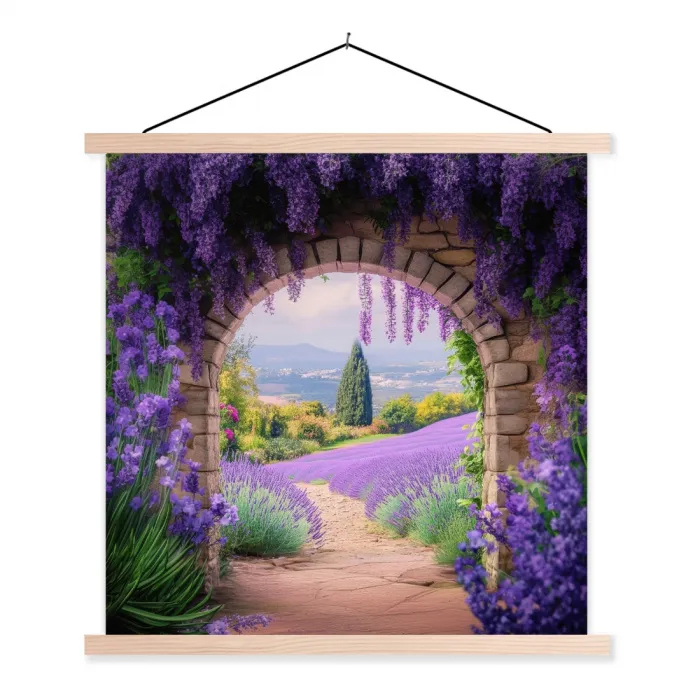 Doorkijk - Lavendel - Bloemen - Paars - Poort textielposter latten blank klein -3d