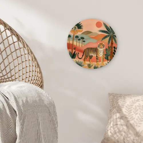 Tijger - Kleurrijk - Palmen - Cactus Wandcirkel kunststof plaat 5mm dik klein -sfeer5