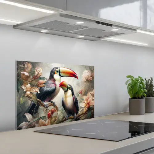 Toekan - Vogels - Bloemen - Jungle keuken achterwand spatscherm klein -3d_schuin
