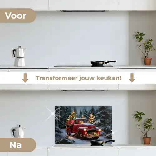 Kersttruck - Sneeuwbos - Rood keuken achterwand spatscherm klein -voor_na_NL