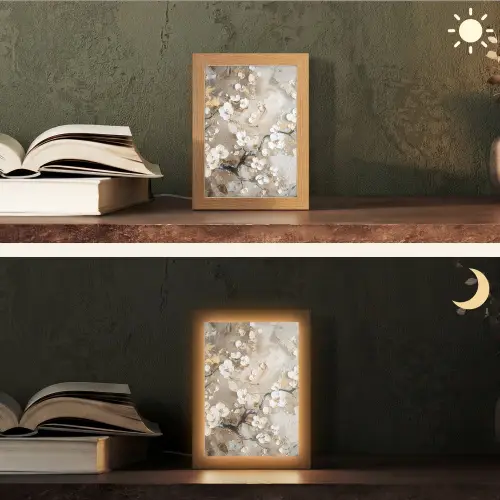 Bloemen - Wit - Goud - Beige  - Luxe Light Box met kabel (Tafellamp) klein -sfeer3