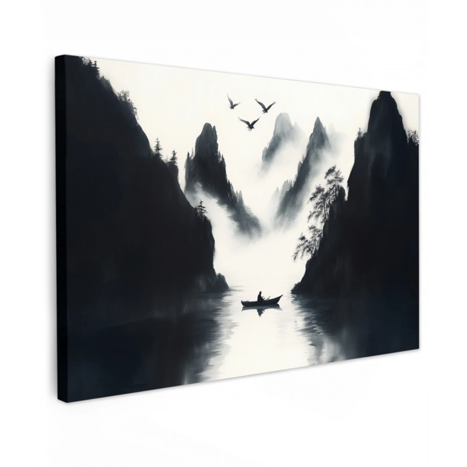 Roeiboot - Mistig - Bergen - Vogels Tuinposter op houten frame 2 cm dik klein -3d