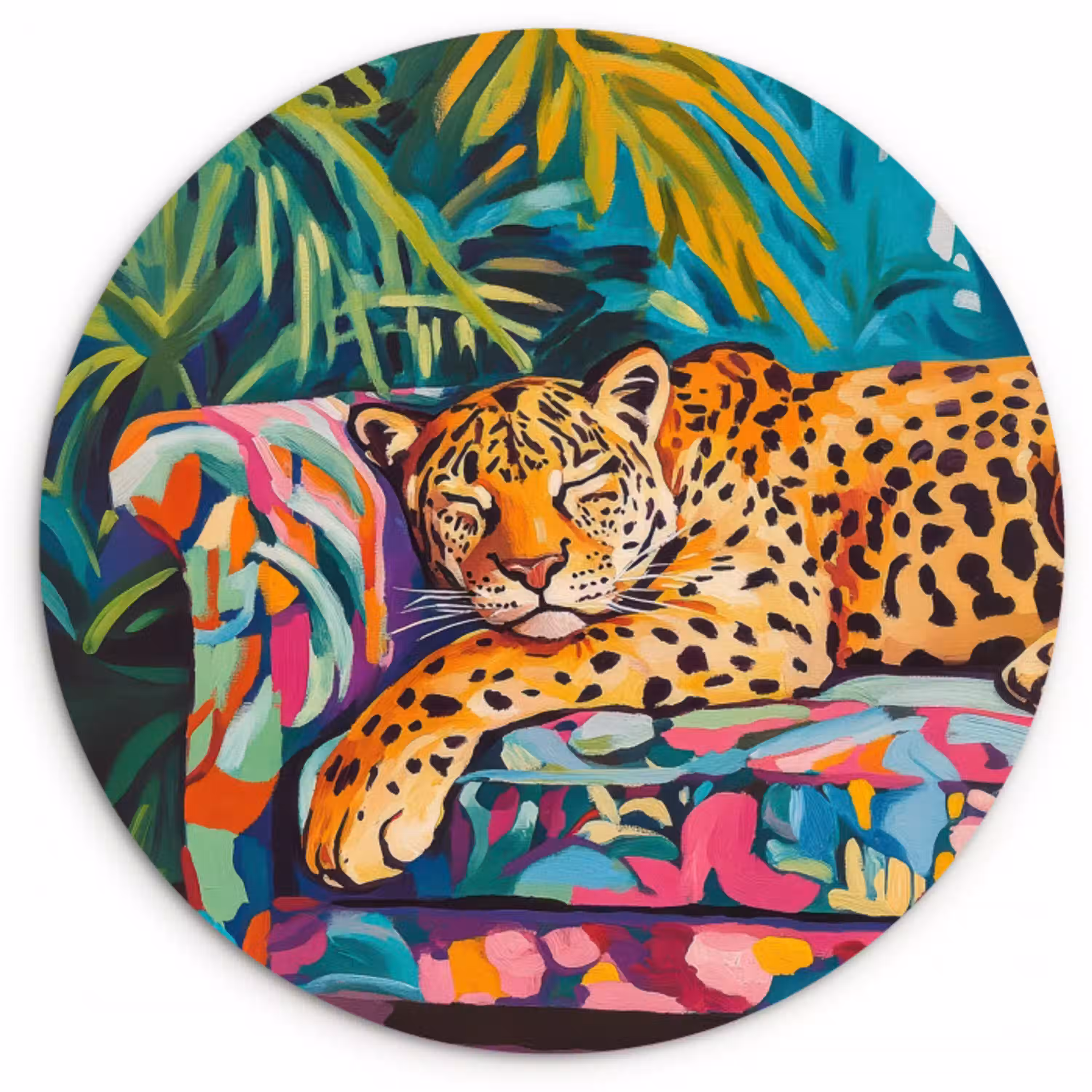 Luipaard - Kleurrijk - Tropisch Wandcirkel kunststof plaat 5mm dik klein -3d