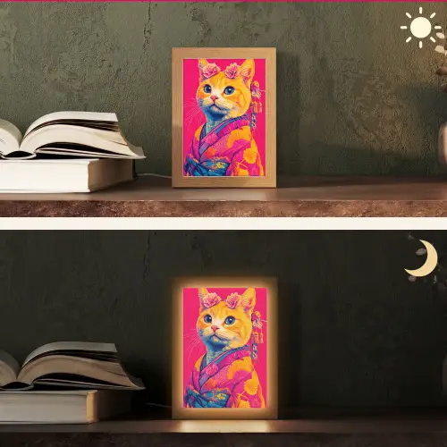 Kat - Kimono - Bloemen - Roze Light Box met kabel (Tafellamp) klein -sfeer3