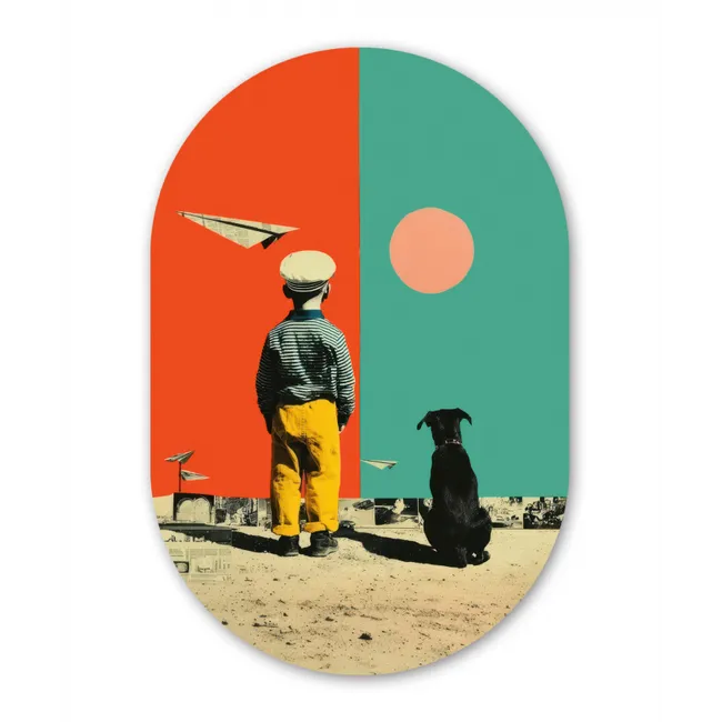 Muurovaal - Retro - Jongen - Hond - Rood - Groen