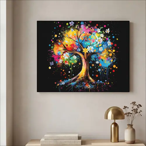 Boom - Kleurrijk - Bloemen - Zwart Textielframe zwart klein -sfeer2