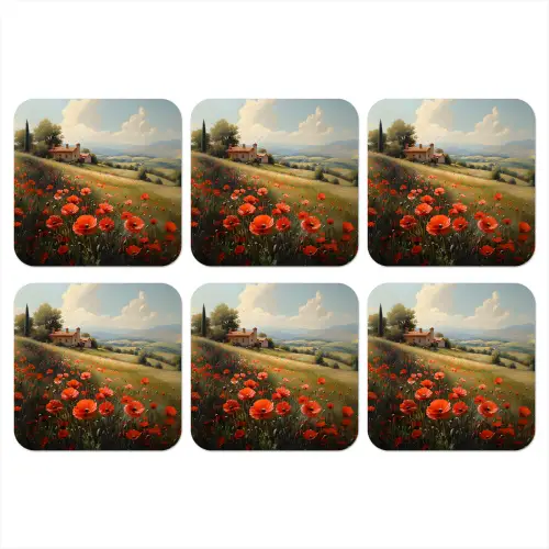 Klaprozen - Rood - Heuvels - Landschap onderzetter kurk middel -3d
