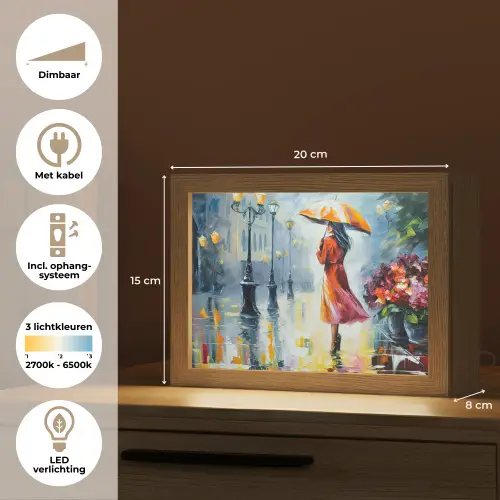 Olieverf - Paraplu - Vrouw - Straat - Kunst Light Box met kabel (Tafellamp) klein -USP_NL