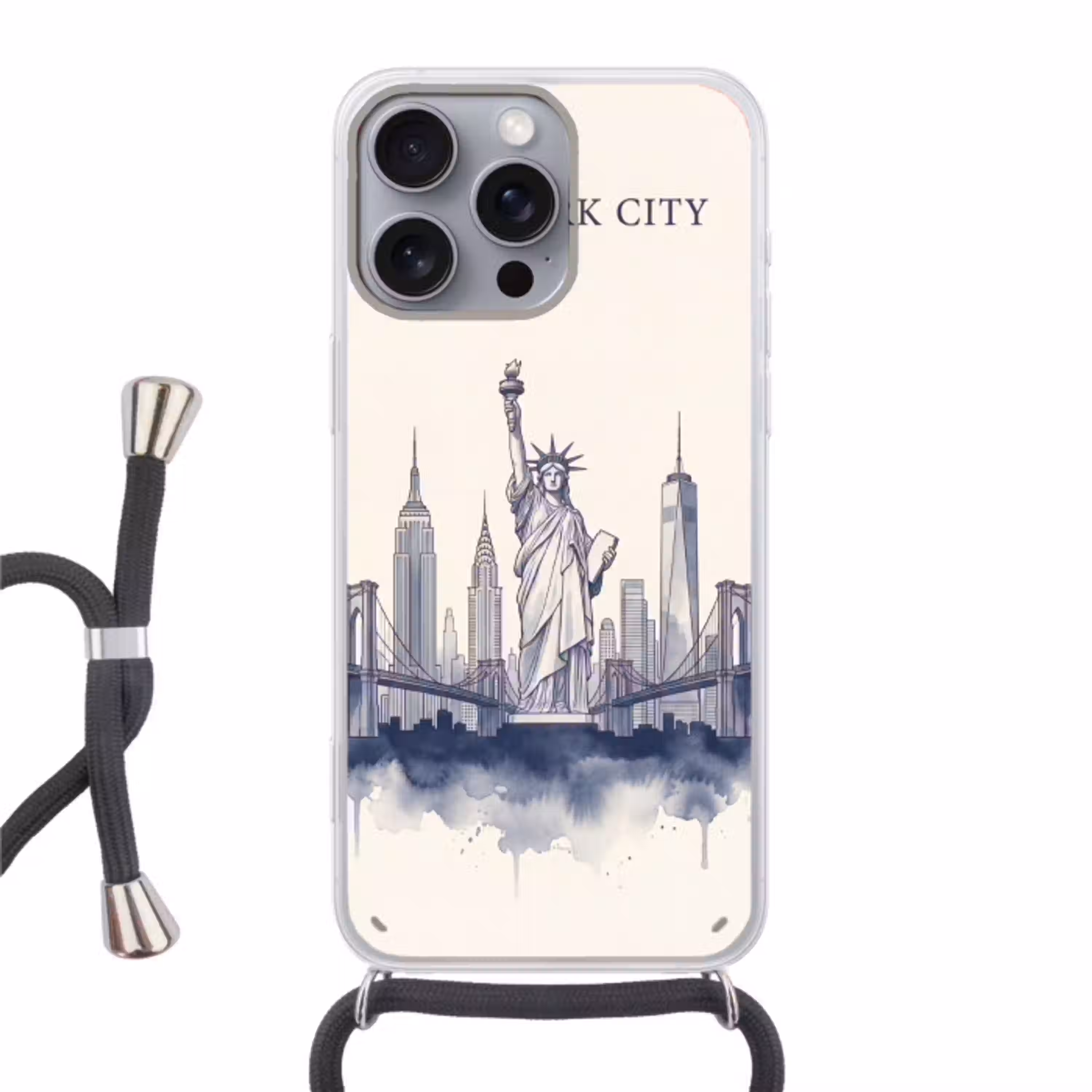 New York - Vrijheidsbeeld - Skyline - Illustratie - Blauw Hoesje iPhone 16 Pro Max met koord klein -3d