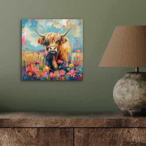 Schotse hooglander - Natuur - Kleurrijk - Bloemen aluminium wit klein -sfeer2