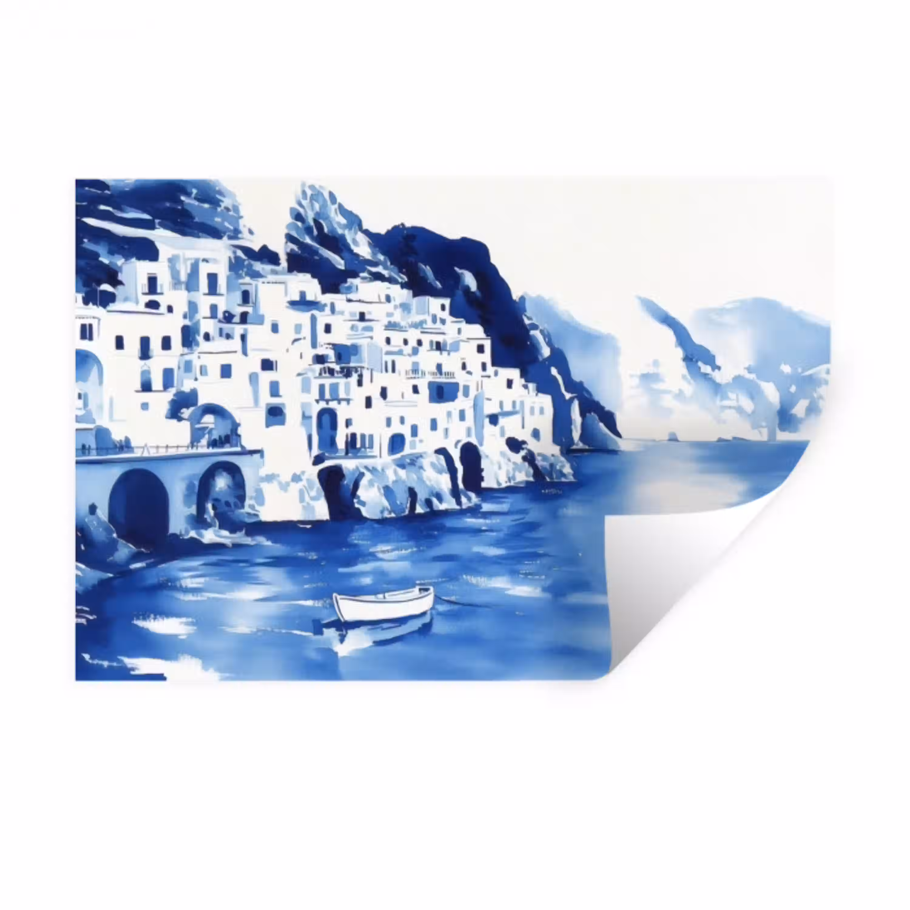 Dorp - Rotswand - Roeiboot - Water Muursticker klein -3d