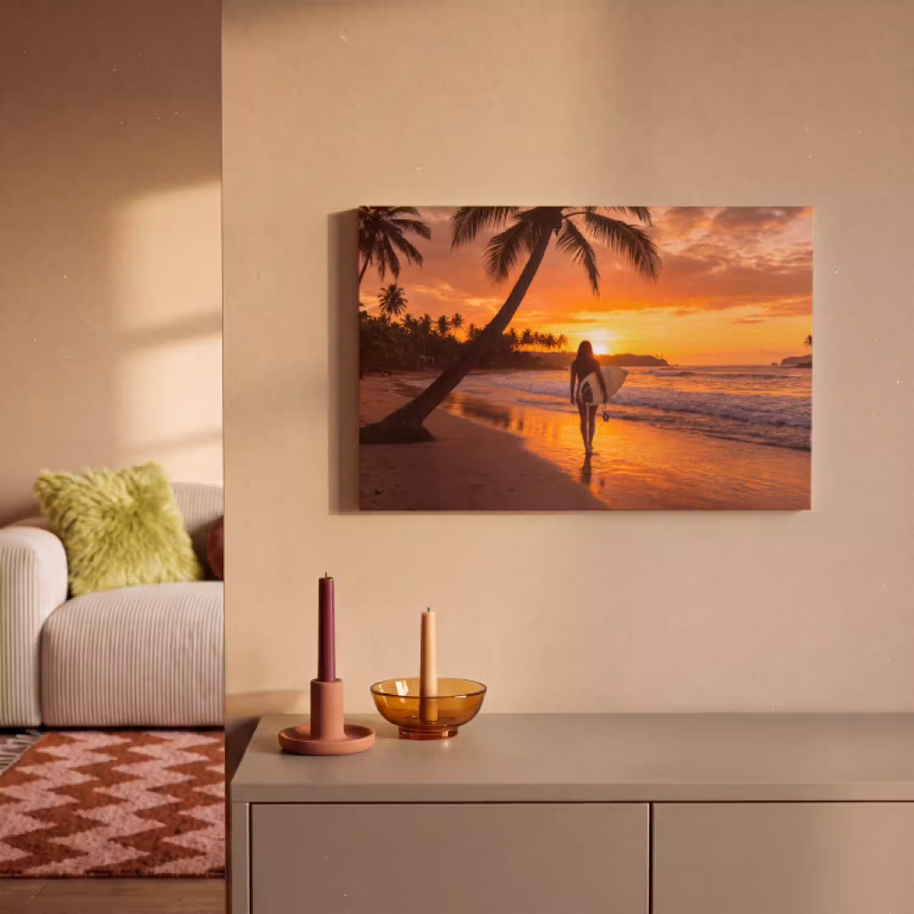 Vrouw - Surfplank - Strand - Zonsondergang - Oranje canvas 2cm klein -sfeer1