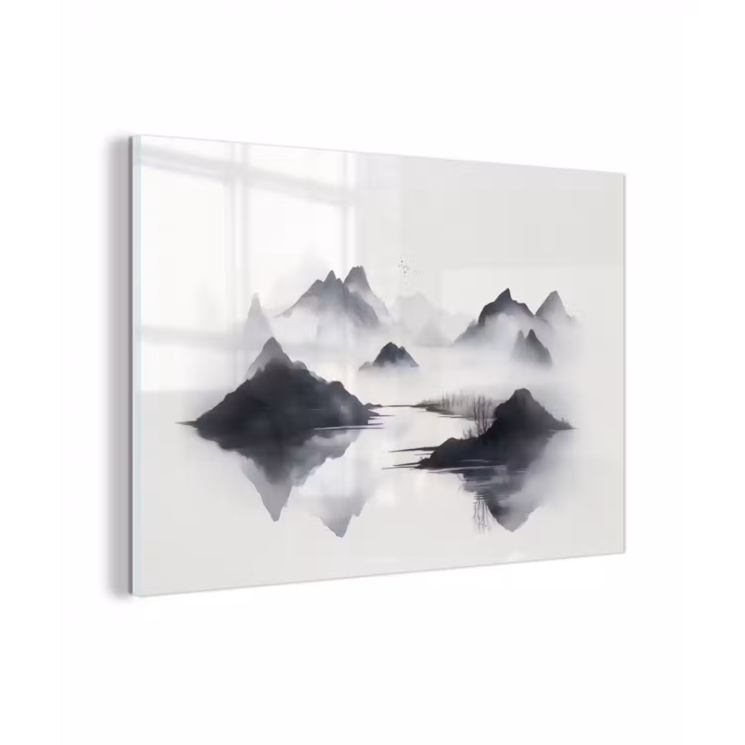 Glasbild - Berge - Neblig - Wasser - Weiß