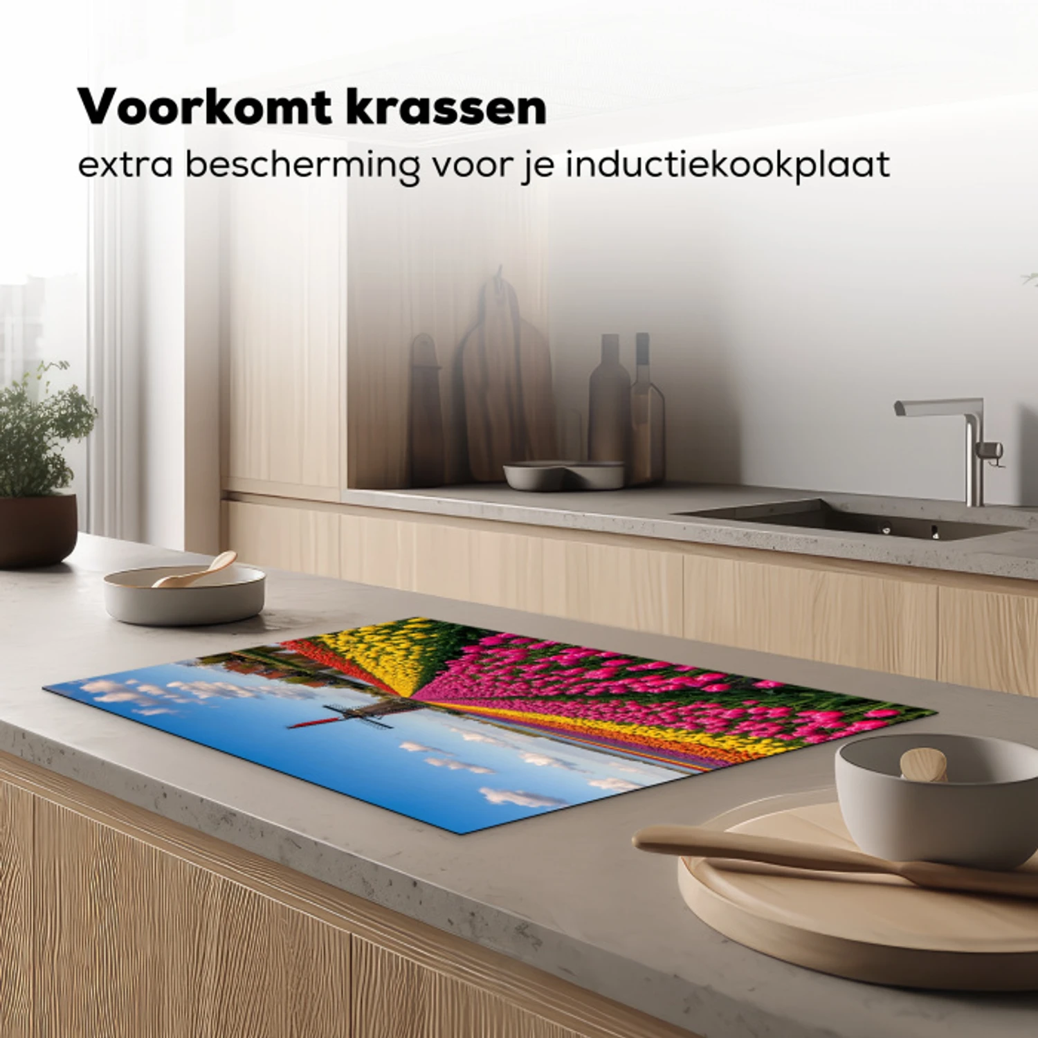 Tulpen - Holland - Molen - Kleurrijk Inductie beschermer vinyl 3mm klein -sfeer1