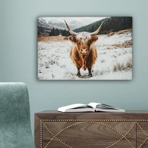 Schotse Hooglander - Landschap - Sneeuw - Bergen - Winter canvas 2cm klein -sfeer4