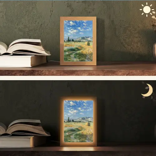 Landschap - Strobalen - Bergen - Wolken Light Box met kabel (Tafellamp) klein -sfeer3