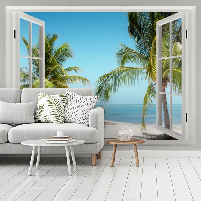 Doorkijk - Strand - Palmboom - Boot - Tropisch - Zee - Blauw fotobehang vinyl groot -woonkamer