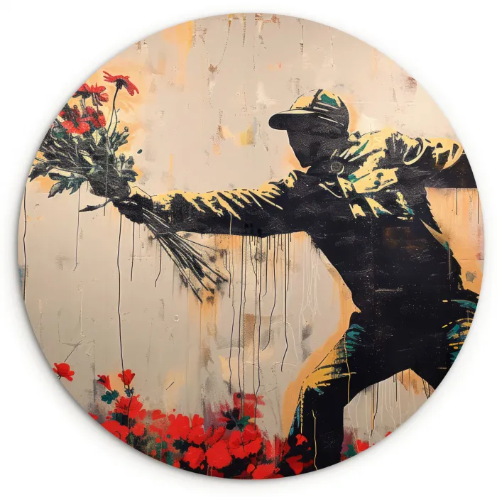 Street art - Man - Bloemen - Rood - Graffiti - Banksy Wandcirkel kunststof plaat 5mm dik klein -3d