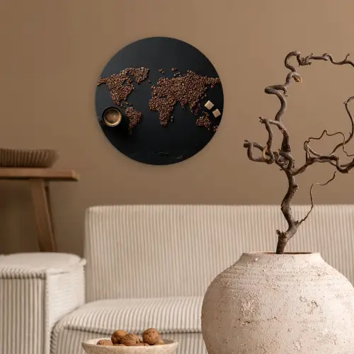 Wereldkaart - Espresso - Zwart Wandcirkel kunststof plaat 5mm dik klein -sfeer1