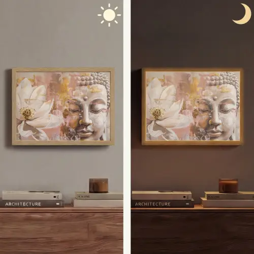 Buddha - Bloem - Goud - Roze - Abstract Light Box met batterij (Wandlamp) middel -sfeer3