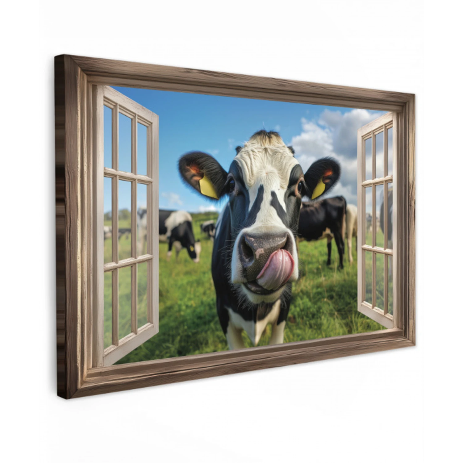 Doorkijk - Koe - Weiland - Dieren - Natuur Tuinposter op houten frame 2 cm dik klein -3d