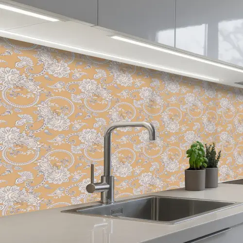 Paisleymotief - Wit - Bloemen - Geel keuken achterwand 2 middel 871 -3d_schuin