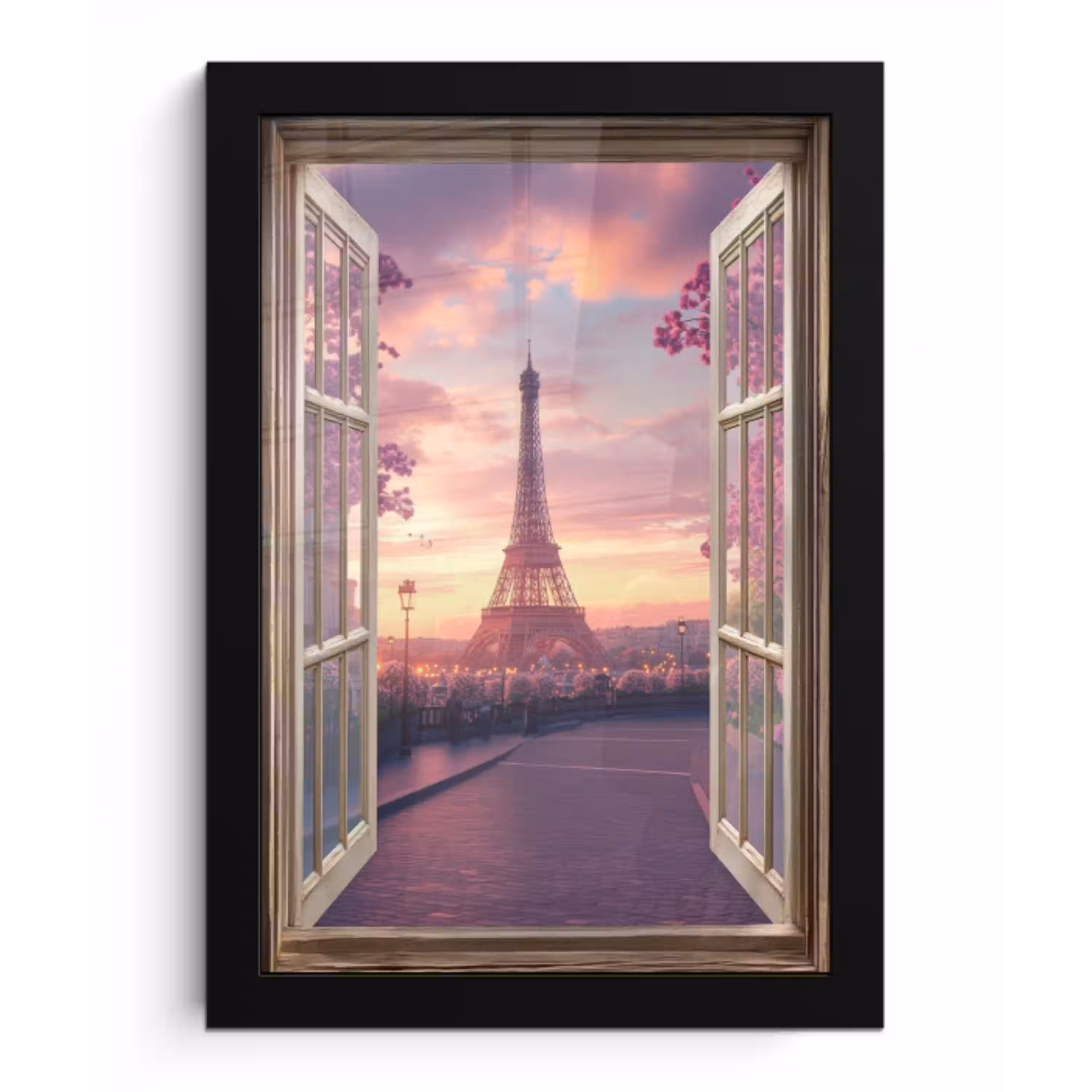 Doorkijk - Parijs - Eiffeltoren - Roze - Kersenbloesem fotolijst zwart zonder passe partout klein -3d