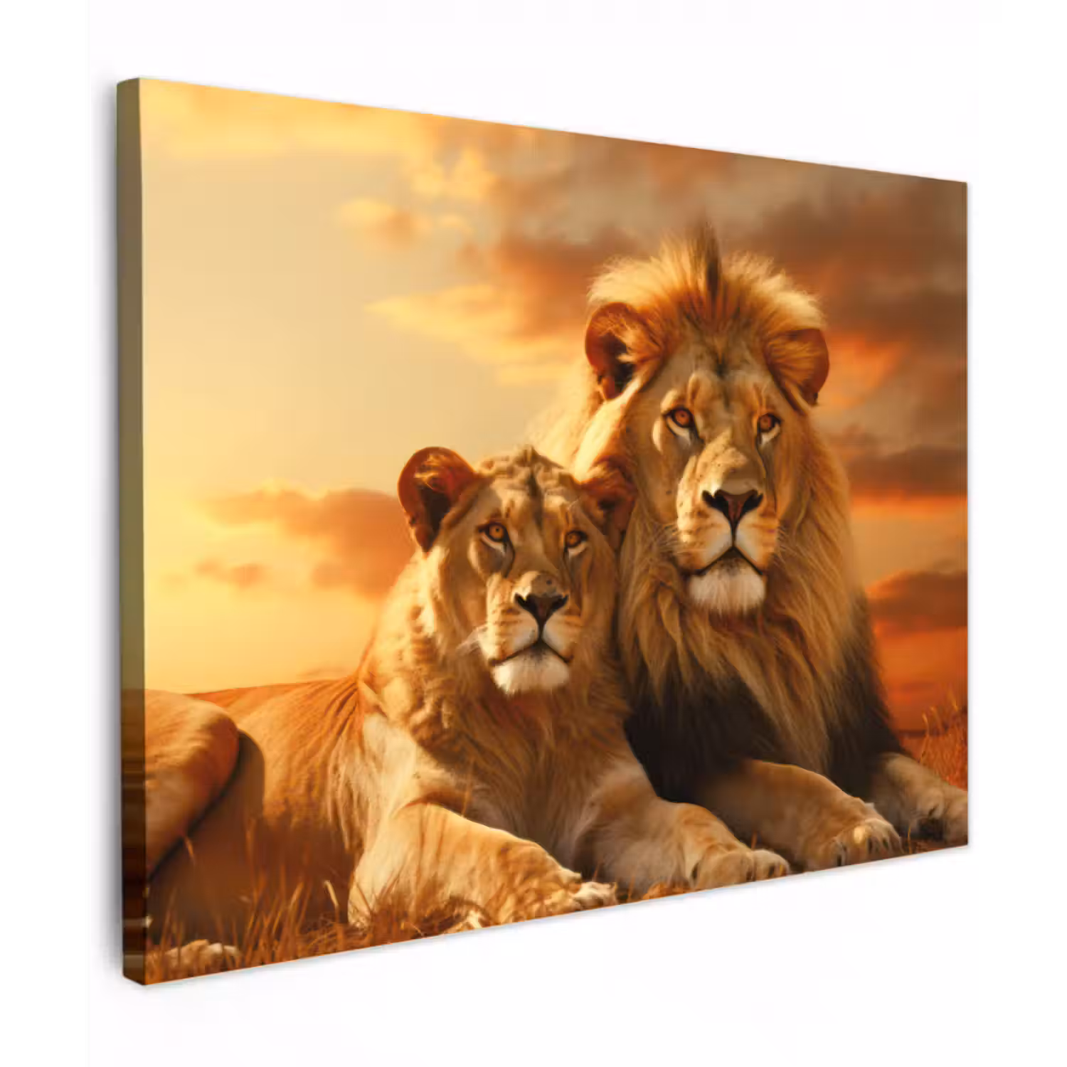 Canvas schilderij - Leeuwen - Zonsondergang - Afrika - Savanne - Dieren