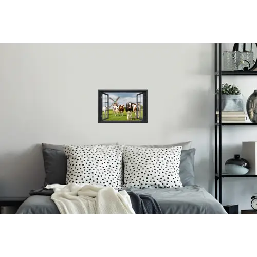 Doorkijk - Koe - Molen - Koeien - Weiland - Gras - Groen Muursticker klein -slaapkamer