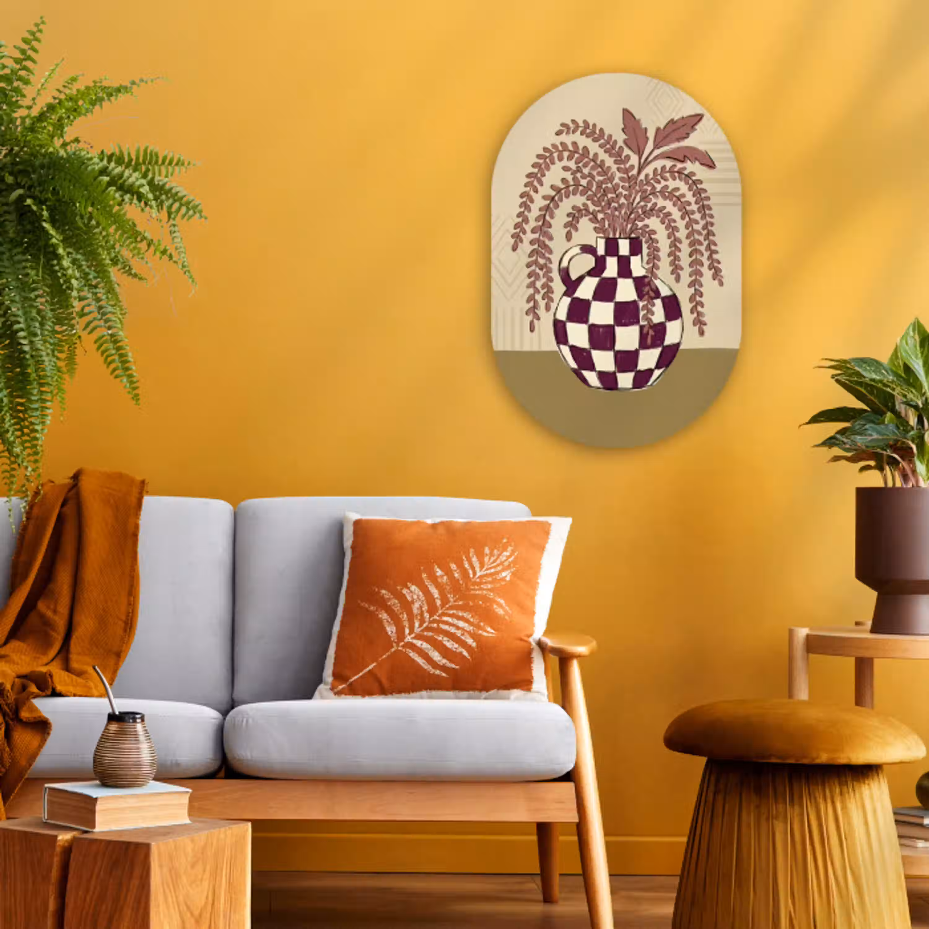 Vaas - Geruit - Planten - Modern - Paars Wandcirkel Ovaal Forex klein -sfeer4