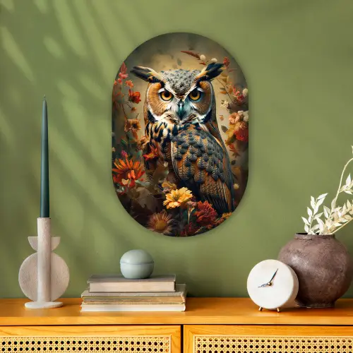 Uil - Vogel - Bloemen - Planten - Botanisch Wandcirkel Ovaal Forex klein -sfeer2