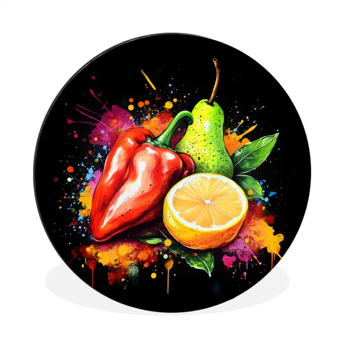 Paprika - Peer - Citroen - Graffiti - Verf - Abstract Wandcirkel aluminium klein -3d
